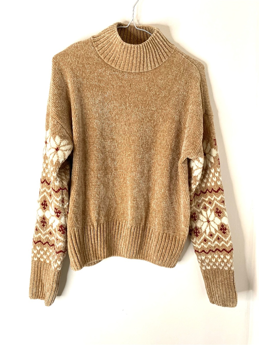 Christian Siriano Tan Fair Isle Plush Chenille Mock Neck Sweater